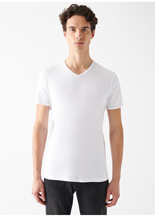Mavi V Yaka Dar Beyaz Erkek T-Shirt 3