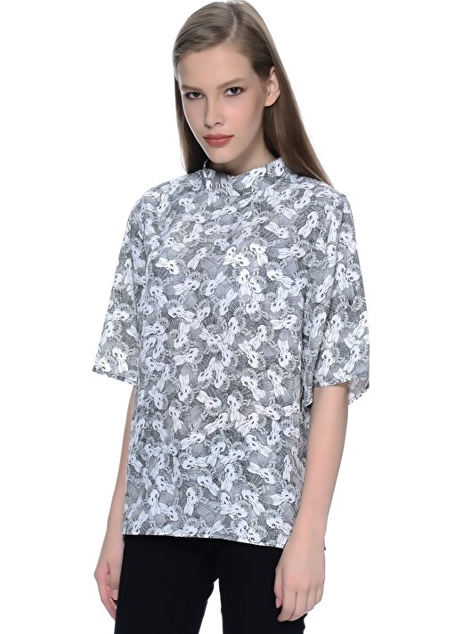 Neon Rose Yarım Kol Desenli Siyah Beyazkadın Bluz 4