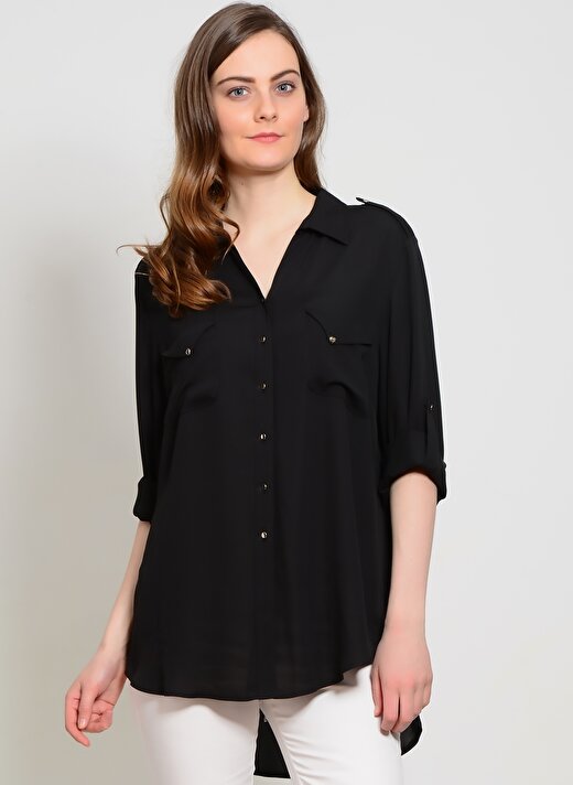 Ekol Bb Gömlek Yaka Katlanabilir Kol Düğmeli 2 Cepli Siyah Kadın Bluz 2