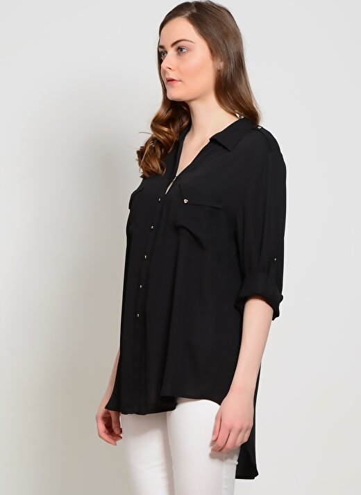 Ekol Bb Gömlek Yaka Katlanabilir Kol Düğmeli 2 Cepli Siyah Kadın Bluz 3
