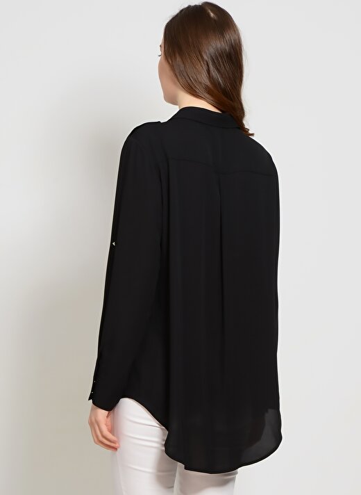 Ekol Bb Gömlek Yaka Katlanabilir Kol Düğmeli 2 Cepli Siyah Kadın Bluz 4