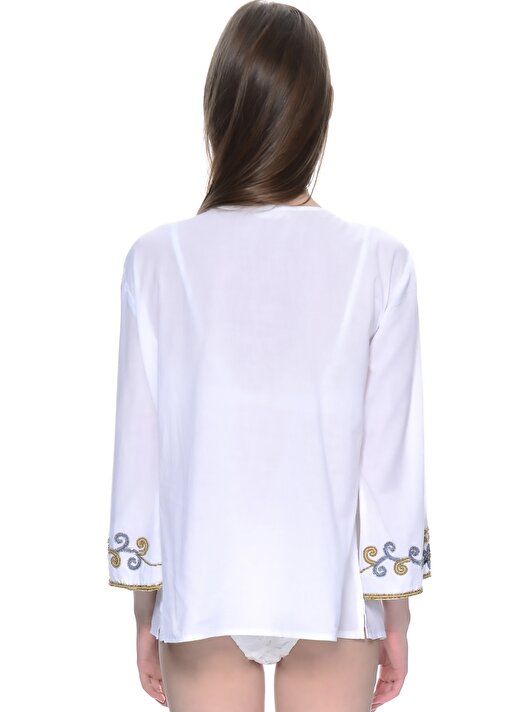Freeminds Yarım Kol Desenli Standart Kalıp Pamuk Beyaz Kadın Bluz 3