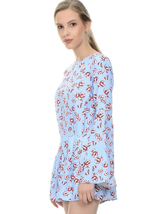 Endless Rose Kayık Yaka Uzun Kol Çiçek Desenli Sırt Detaylı Polyester Mavi Kadın Tulum 3