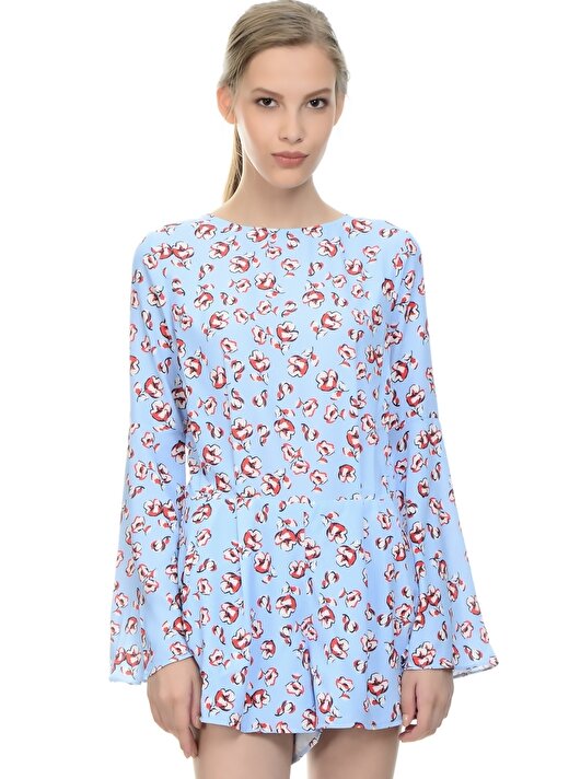 Endless Rose Kayık Yaka Uzun Kol Çiçek Desenli Sırt Detaylı Polyester Mavi Kadın Tulum 4