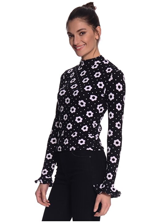 Motel Rocks Sıfır Yaka Uzun Kol Çiçek Desenli Pamuklu Siyah Beyaz Kadın Bluz 3