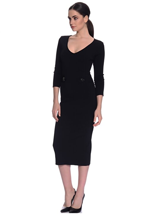 House Of Camellia Dar Fit V Yaka Siyah Kadın Midi Elbise 1