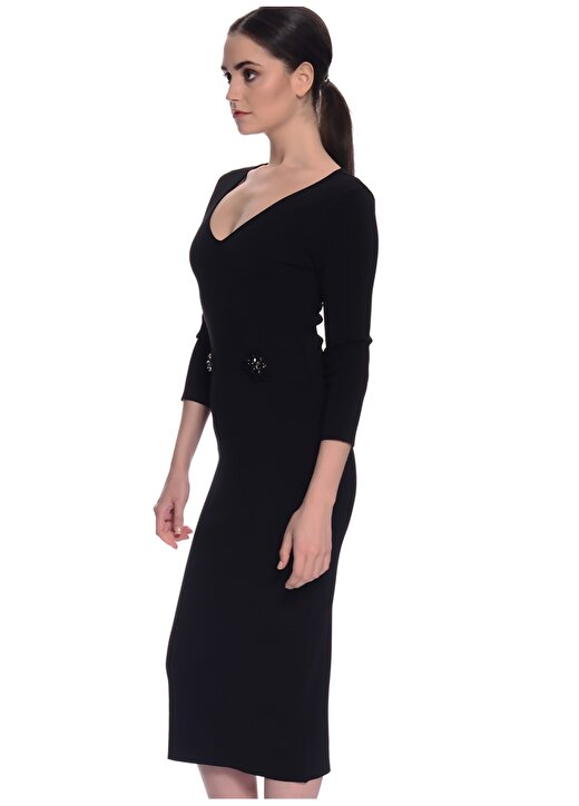 House Of Camellia Dar Fit V Yaka Siyah Kadın Midi Elbise 2