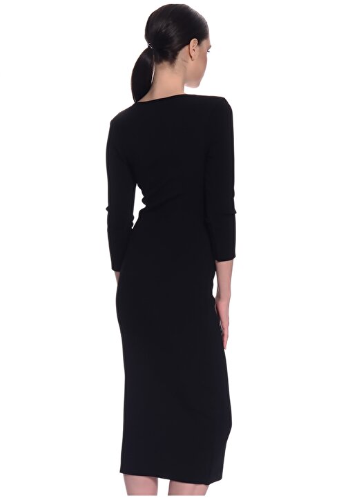 House Of Camellia Dar Fit V Yaka Siyah Kadın Midi Elbise 4