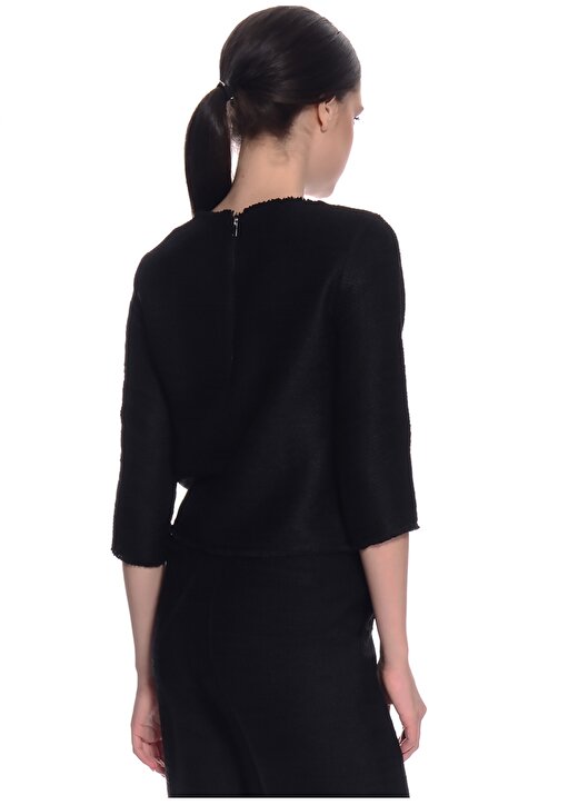 House Of Camellia Yuvarlak Yaka Uzun Kollu Standart Fit Siyah Kadın Bluz 4