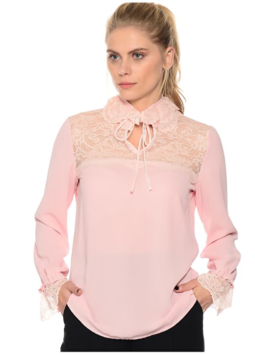 House Of Camellia Grace Gömlek Yaka Uzun Kol Standart Fit Kalıp Polyester Pembe Kadın Bluz 1