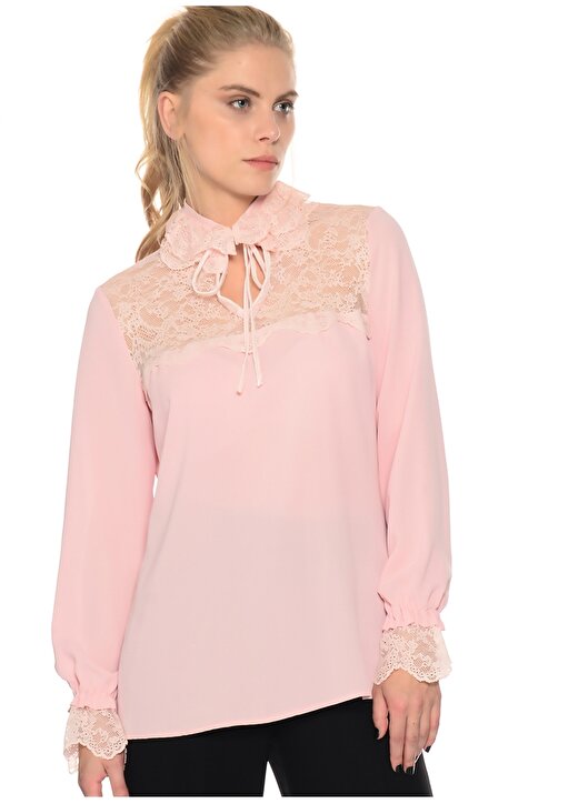 House Of Camellia Grace Gömlek Yaka Uzun Kol Standart Fit Kalıp Polyester Pembe Kadın Bluz 4