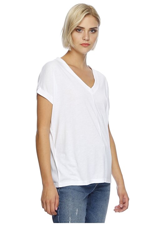 Mavi V Yaka Düz Beyaz Kadın T-Shirt 166449-620 3