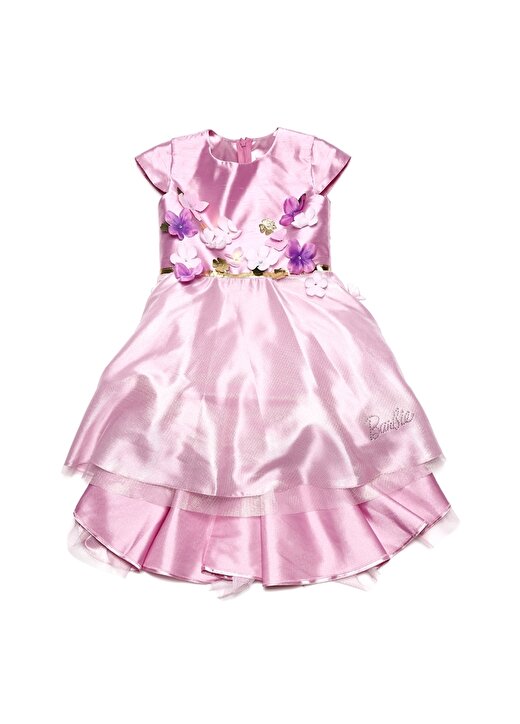 Barbie Çiçekli Pembe Çocuk Elbise 1