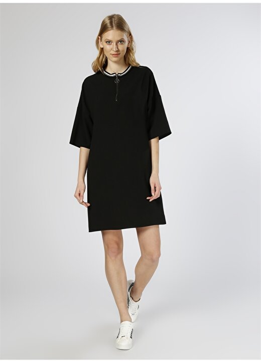 Limon Kadın Yakası Fermuarlı Siyah Elbise 1