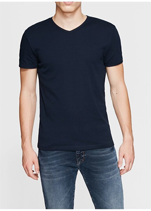 Mavi V Yaka Kısa Lacivert Erkek T-Shirt 3