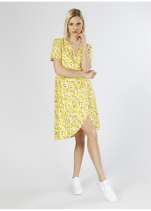 Vero Moda Desenli Kruvaze Sarı Elbise 1