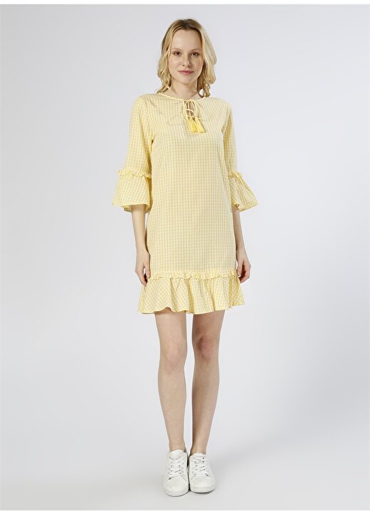 Vero Moda Kareli Sarı - Beyaz Elbise 2