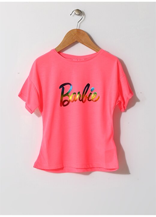 Barbie Kız Çocuk Yazılı Bisiklet Yaka Pembe T-Shirt 1