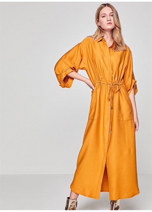 Koton Hardal Sarısı Beli Lastikli Uzun Elbise 1