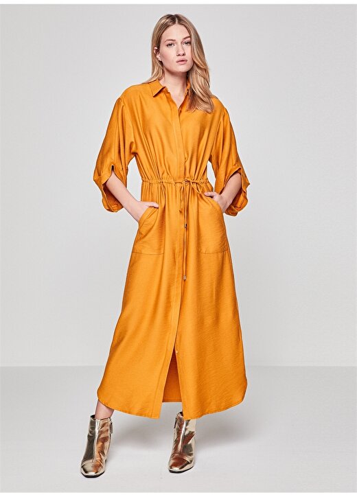 Koton Hardal Sarısı Beli Lastikli Uzun Elbise 2