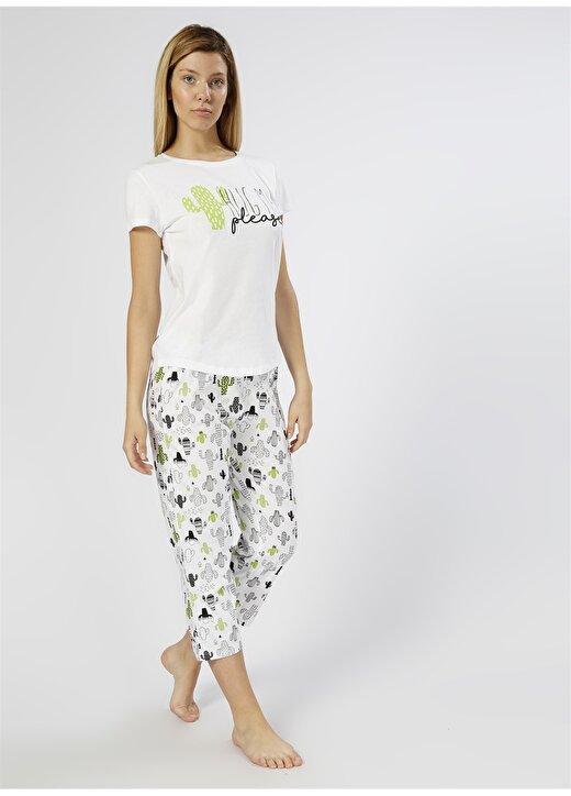 T-Box Kaktüs Desenli Beyaz Pijama Takımı 1