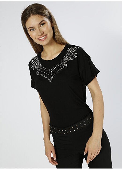 House Of Camellia Taş İşlemeli Bisiklet Yaka Siyah T-Shirt 2