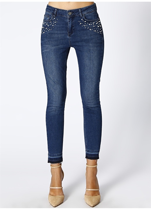 House Of Camellia İnci İşlemeli Skinny Lacivert Denim Pantolon 2