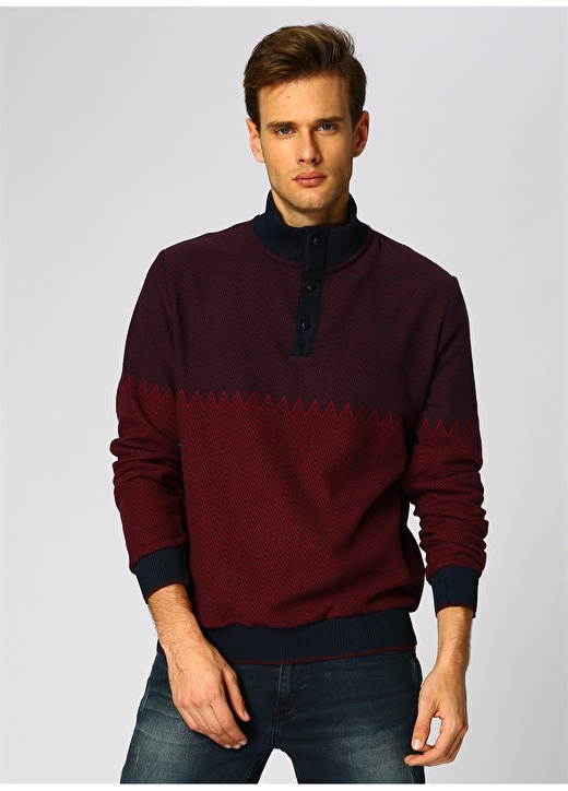 Cotton Bar Erkek Dik Yaka Düğmeli Bordo Sweatshirt 1