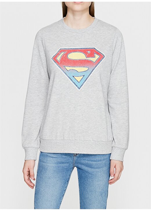 Mavi Superman Baskılı Gri Melanj Sweatshirt 1