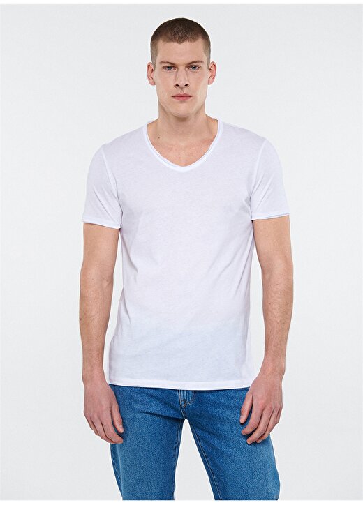 Mavi V Yaka Dar Düz Beyaz Erkek T-Shirt 2