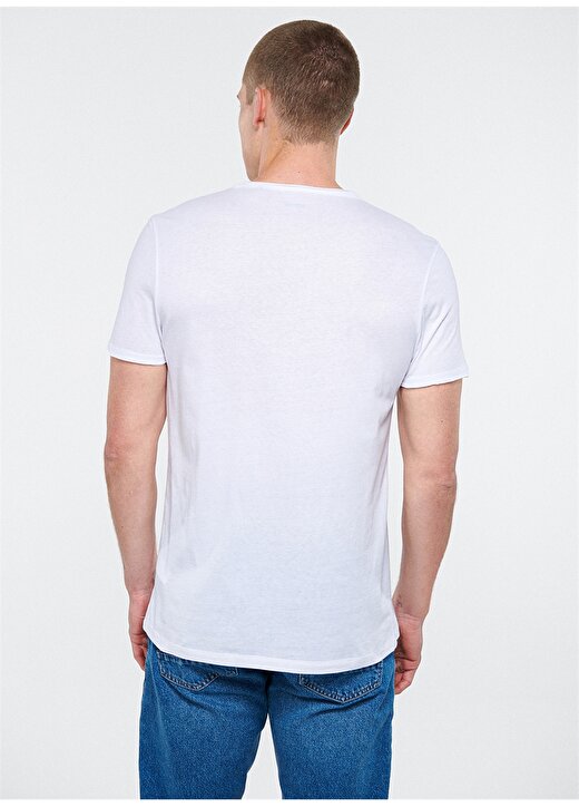Mavi V Yaka Dar Düz Beyaz Erkek T-Shirt 3