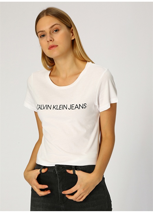 Calvin Klein Jeans Beyaz Kadın T-Shirt CORE INSTITUTIONAL LOGO TE 1