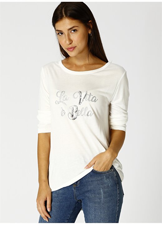 Limon Kadın Pullu Uzun Kollu Beyaz T-Shirt 1