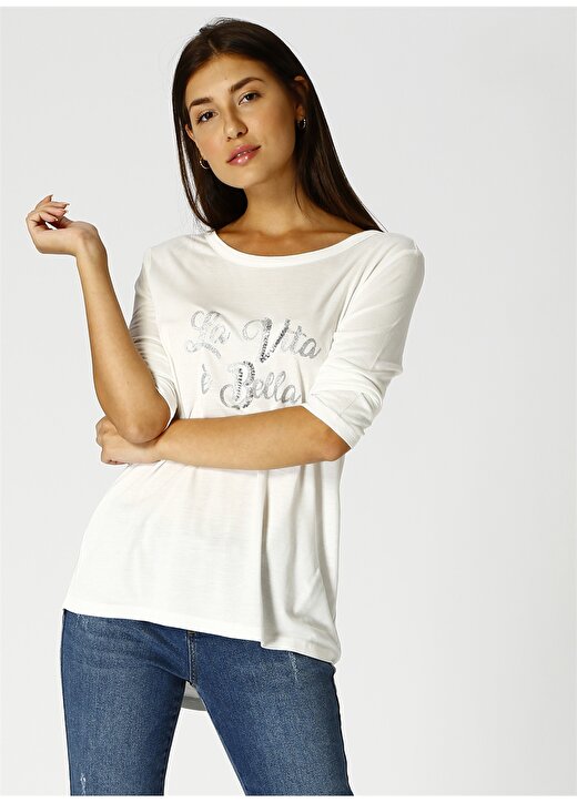 Limon Kadın Pullu Uzun Kollu Beyaz T-Shirt 3
