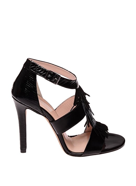 House Of Camellia Püskül Detaylı Bantlı Yüksek İnce Topuk Deri Siyah Kadın Topuklu Ayakkabı 1