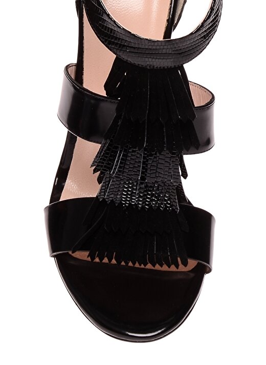 House Of Camellia Püskül Detaylı Bantlı Yüksek İnce Topuk Deri Siyah Kadın Topuklu Ayakkabı 4