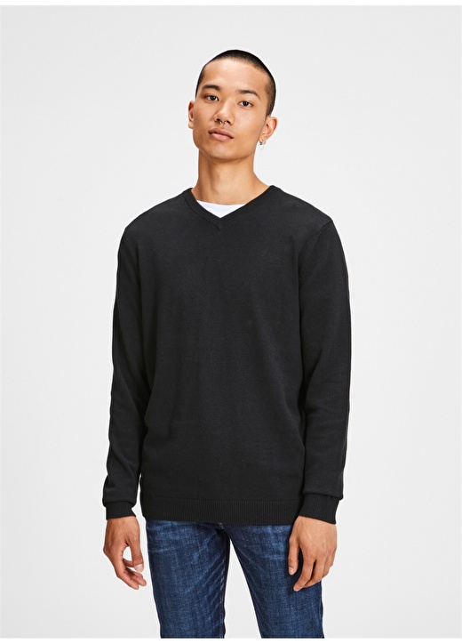 Jack & Jones 12137194 Basic Knit V-Yaka Erkek Siyah Kazak 2