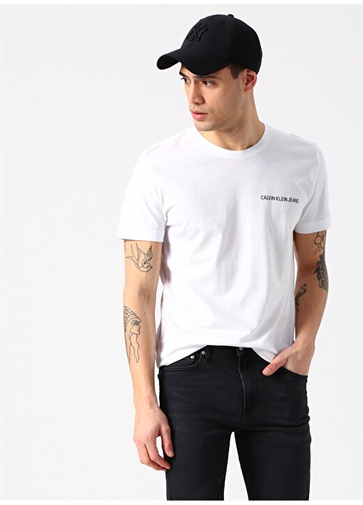 Calvin Klein Jeans Bisiklet Regular Fitdüz Erkek Beyaz T-Shirt CHEST INSTITUTIONAL SLIM SS TEE-Bri 3