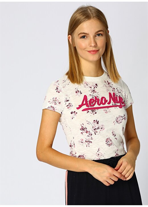 Aeropostale 4170 Bisiklet Yaka Kısa Kollu Çiçek Desenli İşlemeli Pembe Beyaz Kadın T-Shirt 3