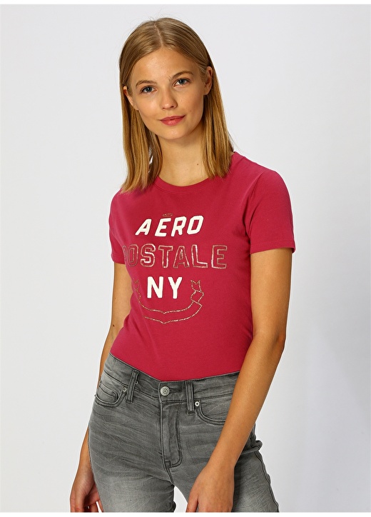 Aeropostale 4165 Bisiklet Yaka Baskılı Koyu Pembe Kadın T-Shirt 2