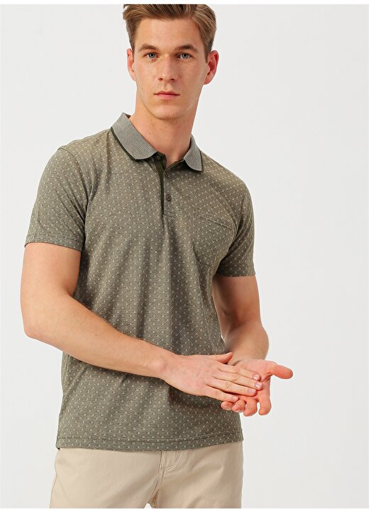 Cotton Bar Cep Detaylı Desenli Haki Polo T-Shirt 3