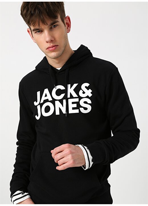 Jack & Jones Kapüşonlu Regular Fit Siyah Erkek Şardonlu Sweatshirt 12152840 JJECORP LOGO SWEAT HOOD AW 3