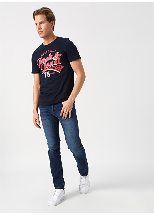 Jack & Jones 12147765 Logo Bisiklet Yaka Baskılı Erkek Lacivert Tişört 2