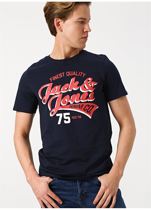 Jack & Jones 12147765 Logo Bisiklet Yaka Baskılı Erkek Lacivert Tişört 3