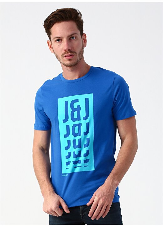 Jack & Jones 12163027 Boost Bisiklet Yaka Baskılı Erkek Mavi Tişört 4