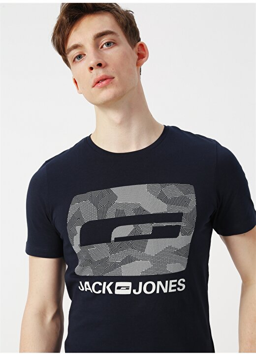 Jack & Jones 12163024 Newmole Bisiklet Yaka Baskılı Erkek Koyu Lacivert Tişört 3
