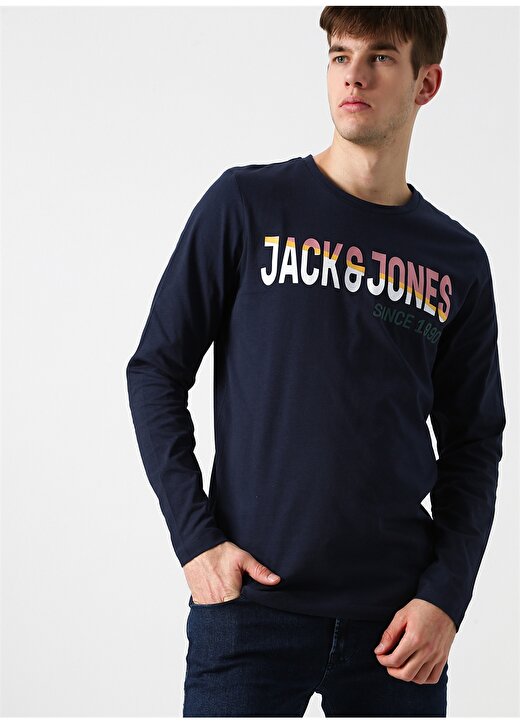 Jack & Jones 12156375 Pradi Bisiklet Yaka Baskılı Erkek Lacivert Uzun Tişört 3