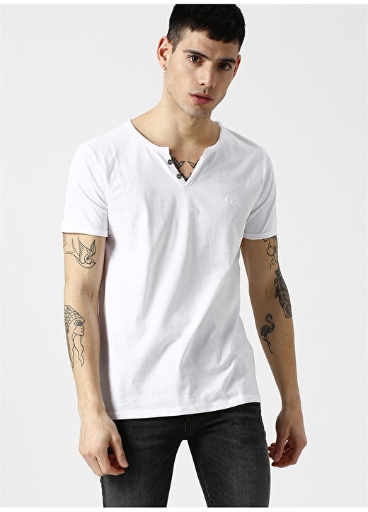 Lee Cooper Düğme Detaylı V Yaka Beyaz T-Shirt 3