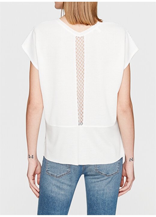 Mavi V Yaka Standart Düz Koyu Beyaz Kadın T-Shirt 4