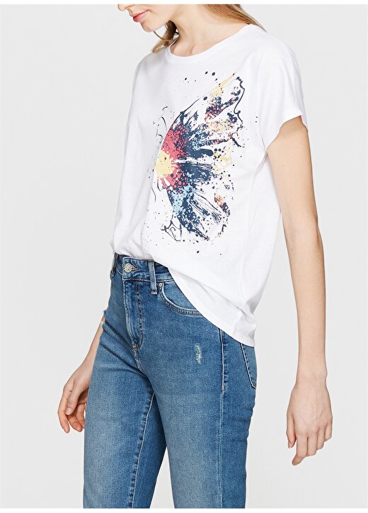 Mavi Kelebek Baskılı Penye Beyaz T-Shirt 2